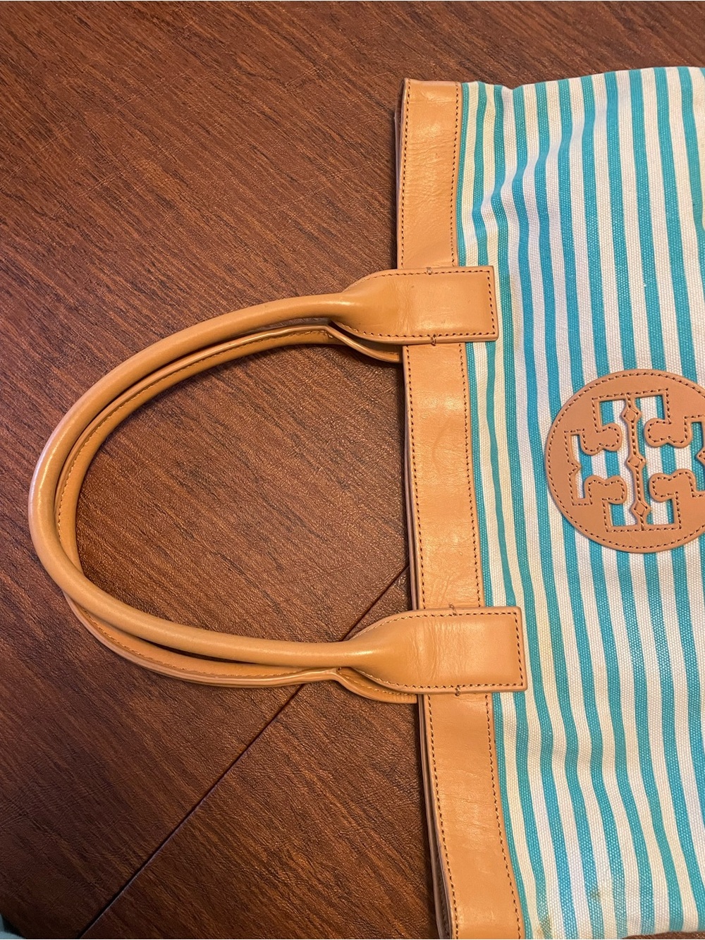 Tory Burch Turquoise and White Striped Canvas Tote with Tan Leather Trim - Picture 9 of 12